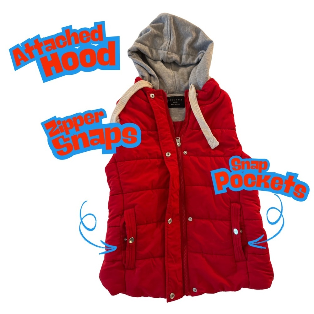 Love Tree Kids Red Puffer Vest with Grey Hood Size Large 8848VS Quilted Zip Snap - Picture 4 of 4